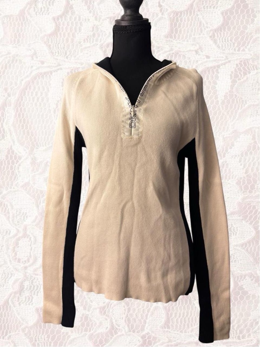 DKNY Cream and Black Long-Sleeve Half-Zip Top